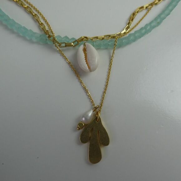 Madewell Fresh Water Pearl Beaded Shell Gold Tone Necklace Set Aqua Mint Teal - Picture 2 of 6
